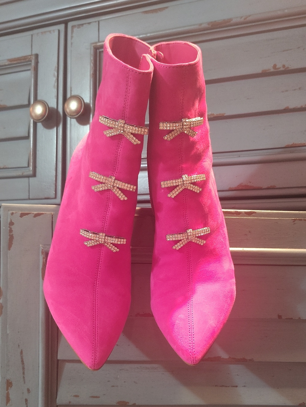 Gianni Bini Hot Pink Suede Ankle Boots with Rhinestone Bow Details